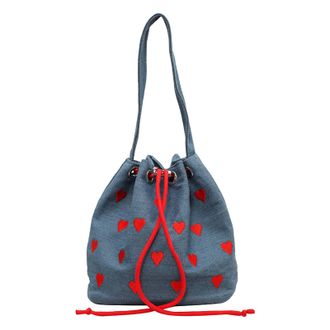 Generic Women Canvas Crossbody Bag Heart Embroidery Bucket Bag for Vacation Travel(Blue) (Blue)