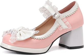 Generic Womens Round Toe Pumps Patent Leather Upper Adjustable Ankle Strap Pearl Lace Bow Embellishment Block Heel Platform Cushioned Insole Anti-Slip Durable