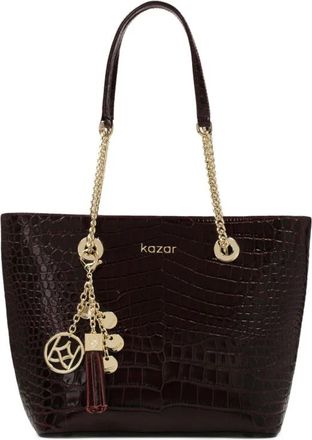 Kazar Donkerrode glanzende reli&euml;flederen handtas - Dames - Handtassen - Bruin - ONE Size - Leer - Tassen