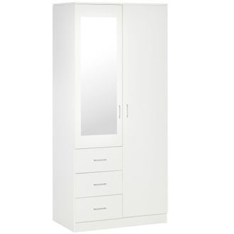 HOMCOM Modern Mirror Wardrobe 2 Door Storage Cupboards Home Storage Organisation Furniture With Adjustable Shelf - Hanging Rail And 3 Drawers - 180cm - White