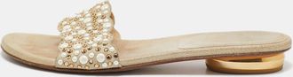 Stuart Weitzman Beige Textured Suede Studded Thong Slides
