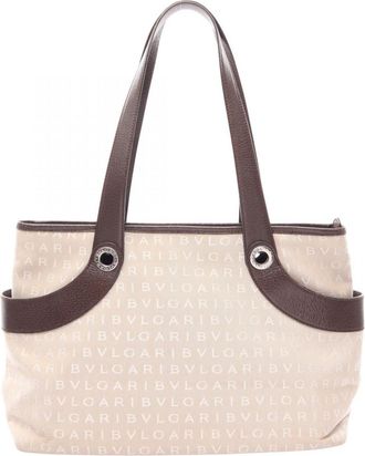 Bulgari Beige Brown Canvas Leather Handbag Tote Bag (Pre-Owned)