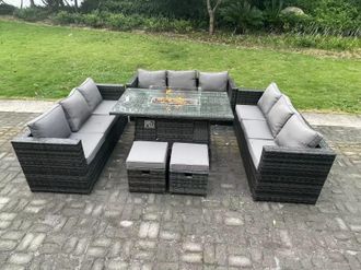 Fimous 11 Seater Outdoor Lounge Rattan Sofa Set Garden Furniture Gas Firepit Set Dining Table With Stools Dark Grey