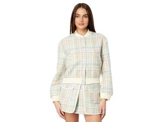 English Factory Plaid Boucle Bomber Jacket Womens Clothing : SM, Polyester/Spandex