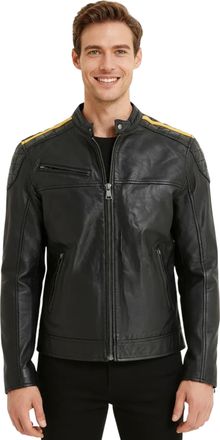 Infinity Leather Mens Black Classic Quilted Yellow Strip Leather Biker Jacket - Velocity