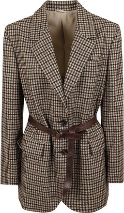 Brunello Cucinelli Blazer met ruitpatroon en ceintuur - Dames - Blazers - Beige - L - Wol - Jassen