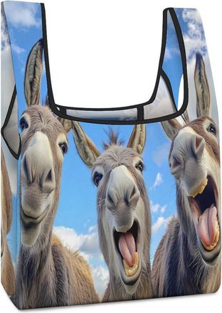 Generic Funny Three Donkeys Foldable Shopping Bags Reusable Grocery Bag Collapsible Portable Tote for Men Women