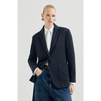 Brunello Cucinelli Sparkling cotton and viscose English rib knit blazer with monili in Blue at Nordstrom, Size 36