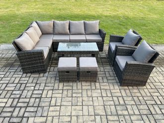Fimous 10 Seat Rattan Garden Furniture Corner Sofa Set Outdoor Patio Sofa Chair Table Set with 2 Small Footstools Dark Grey
