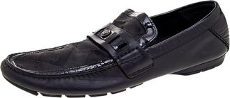 Versace Black Patent Leather And Signature Canvas Medusa Detail Slip On Loafers
