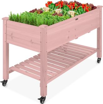 Best Choice Products Raised Garden Bed 48x23x32in Wood Mobile Elevated Planter w/ Wheel Locks, Shelf, Liner