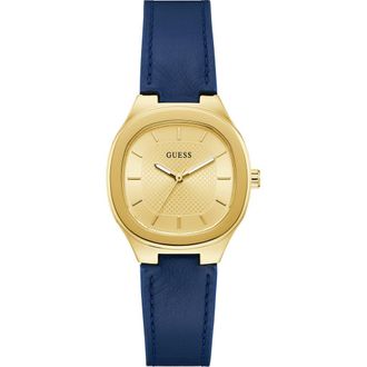 Guess Square Goldtone Leather Strap Watch, 32mm in Champagne at Nordstrom