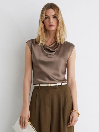 Reiss Taupe Brown Silk Cowl-neck Sleeveless Top, 16