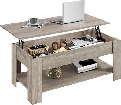 Table Basse Relevable Bois Blanc Et Gris – Plateau Escamotable – Salon