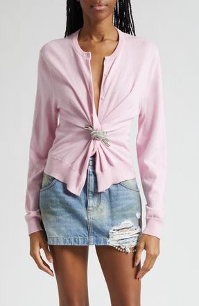 Area Crystal Knot Cotton & Cashmere Cardigan in Pastel Pink at Nordstrom, Size Medium