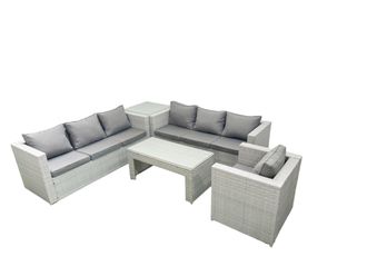 Fimous Wicker PE Rattan Sofa Garden Furniture Set with Oblong Coffee Table Armchair Side Table Light Grey Mixed
