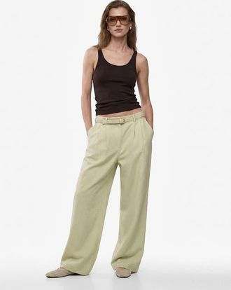 Koton Belted Linen Wide Leg Trousers in Sage at Nordstrom, Size 4