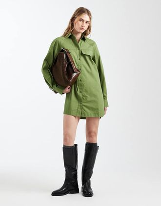 Asos Vestito camicia corto a maniche lunghe color oliva con tasche sul davanti-Arancione