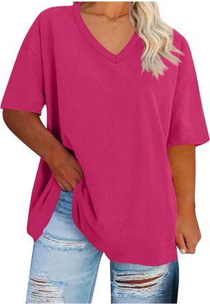Generic KUIH Summer Tops for Women Oversized T-Shirts V Neck Top Plain Casual Lightweight Loose Basic Tees Plus Size Shirt Cotton Pullover Longline Tunic Blou
