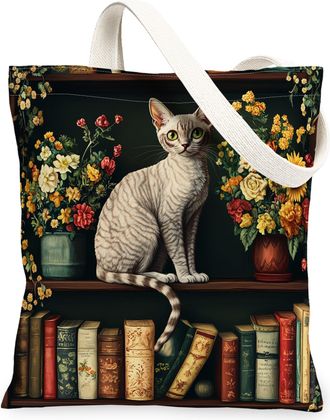 Generic Spring Devon Rex Cat Canvas Tote Bag for Shopping 13x15, Flower Bookshelf Kitten Reusable Grocery Print Bag for Women, Fun Pet Beach Aesthetic Paintin