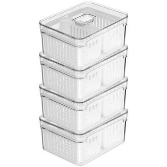 Ou Clear Stackable Fridge Organizer Bin with Drain Basket and Vented Lid, 4 Pack in Clear With White Drainer at Nordstrom
