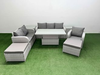 Fimous Patio PE Wicker 8 Seater Outdoor Rattan Furniture Sofa Sets w/ Adjustable Lifting Dining or Coffee Table Reclining Chair Loveseat Sofa 3