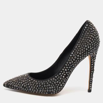 Le Silla Black Leather Crystal Embellished Pointed Toe Pumps