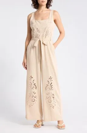 Ellen Tracy Embroidered Cutwork Sleeveless Jumpsuit in Linen at Nordstrom Rack, Size X-Large