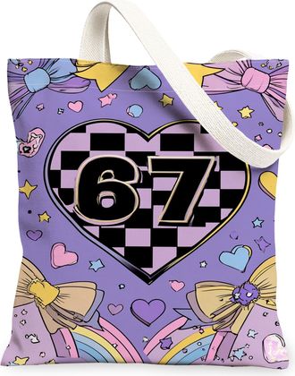 Generic Cute Heart Pattern Canvas Tote Bag, Colorful Bow Design Reusable Grocery Bags, Fun Playful Lightweight Washable Shoulder St, Violet, 13x15 Inch
