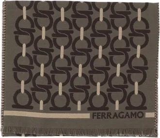 Ferragamo Multi Hook Pattern Fringed Wool Scarf