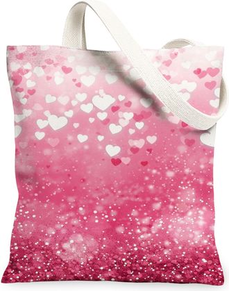 Generic ValentineS Day Heart Glitter Canvas Tote Bags, Romantic Love Pattern Reusable Grocery Bags, Lightweight Washable Shoulder, Peach, 13x15 Inch