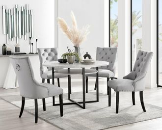 Furniturebox Adley Grey Concrete Effect Round Dining Table & 4 Belgravia Velvet Black Leg Chairs