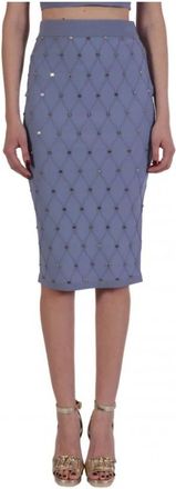 Elisabetta Franchi Metallic Logo Gebreide Rok - Dames - Midirokken - Blauw - 2XL - Leer - Rokken