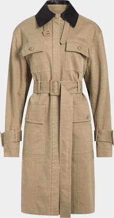 Derek Lam Landon Stretch-Cotton Contrast-Collar Trench Coat