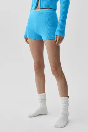 Alo | Wool Cashmere Ribbed Noble Short in Azure Blue, Size: Medium