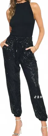 Entro Sequin Stretch Waist Drawstring Pants In Black