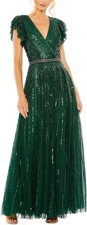 Mac Duggal Sequined Wrap Over Ruffled Cap Sleeve Gown