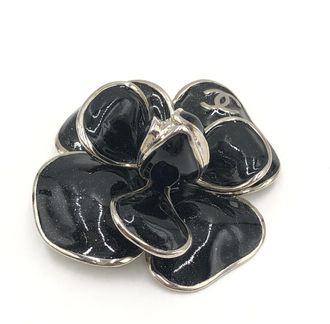 Chanel Black Enamel Flower Brooch With Womens Silver-Tone (Pre-Owned)