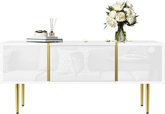 STILVORA Mesa De Centro Con 2 Cajones, Blanco Brillo Con Detalles Met&aacute;licos Dorados, Estilo Moderno, En Mdf, 100&times;60&times;41,5 Cm