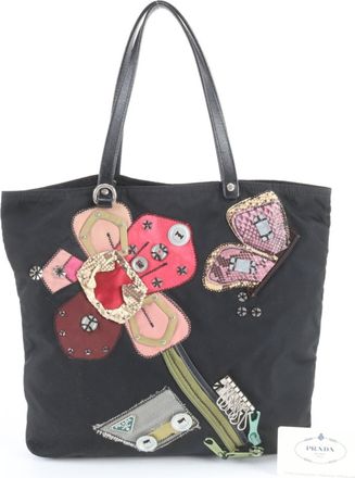 Prada Black Multi-Color Nylon Leather Handbag Tote Bag (Pre-Owned)