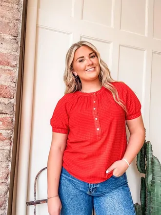 Tribal Short Sleeve Button Front Blouse In Sangria