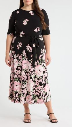 Kasper Floral Print Fit & Flare Midi Dress in Black/Tutu Multi at Nordstrom, Size 16W