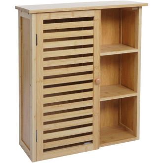 Hhg Armadio pensile HHG-323, armadietto da bagno, armadio da parete, ante, scomparti portaoggetti, legno bamb&ugrave;, 60x50x19 cm