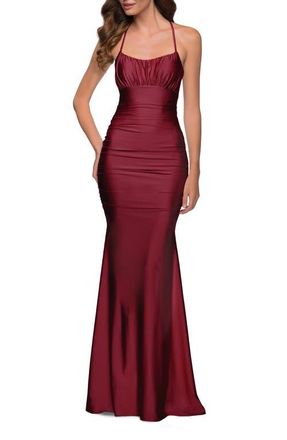 La Femme On Trend Jersey Long Dress with Ruching on Bodice in Burgundy at Nordstrom, Size 10