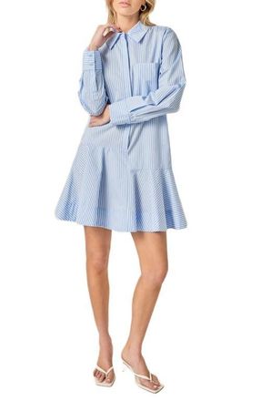 English Factory Stripe Ruffle Hem Long Sleeve Shirtdress in Powder Blue at Nordstrom, Size X-Small