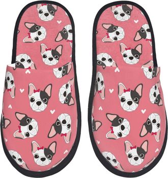 Generic Hotel Slippers Cute French Bulldog Pink Bow Tie Warm Fluffy Slippers Furry House Shoes For Men Guest Room Travel M