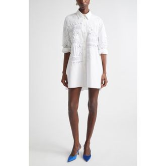 Carolina Herrera Oversize Embroidered Stretch Cotton Button-Up Shirt in White at Nordstrom, Size 10