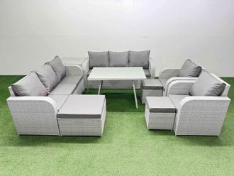 Fimous Rattan High Back Lounge Sofa Set with Reclining Chair Side Table Stool in Light Grey