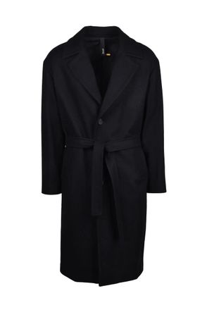 Hev&ograve; Mid-Length Black Coat with Self-Tie Belt