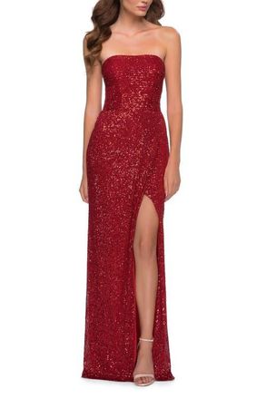 La Femme Simple Sequin Strapless Dress with Faux Wrap Skirt in Red at Nordstrom, Size 12